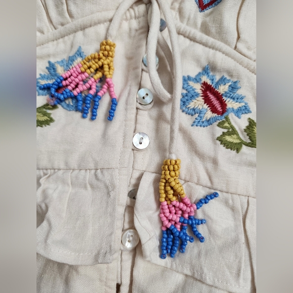 NWT $320 FARM RIO Linen Peplum Romper Ornate Embroidery Low Neck Beaded Belt M - Picture 5 of 11